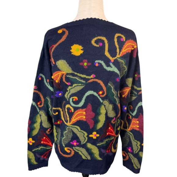 Vintage Peruvian 100% Alpaca Sz L/XL Blue Floral Buttons Scalloped Edge Cardigan - Picture 10 of 13